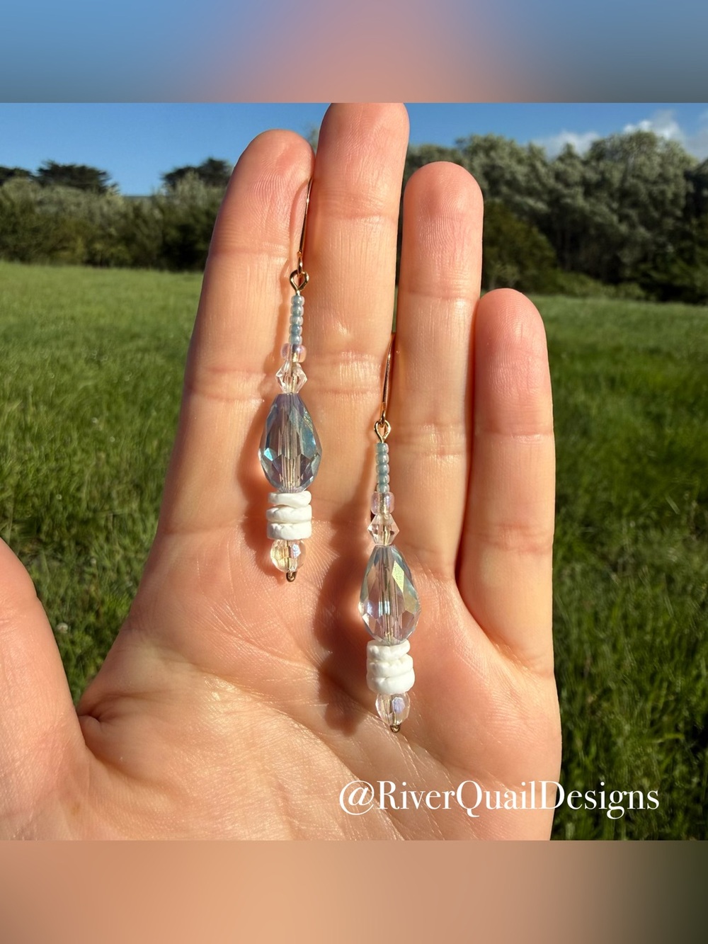 Handmade Iridescent Crystal Drop Clam Shell Earrings